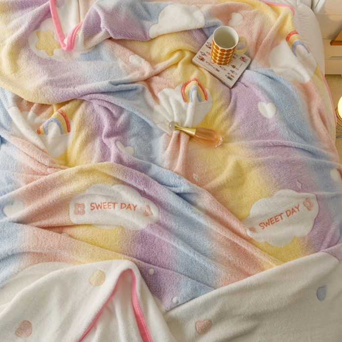 91家纺网 家纺一手货源 找家纺 慕尚2022新款雪花绒毛毯印花牛奶绒盖毯沙发午睡毯子梦幻彩虹