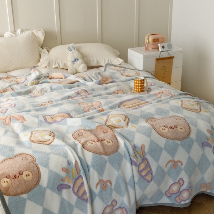 91家纺网 家纺一手货源 找家纺 慕尚2022新款雪花绒毛毯印花牛奶绒盖毯沙发午睡毯子甜蜜小熊