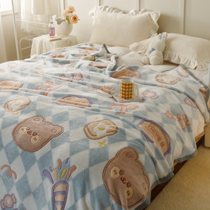 91家纺网 家纺一手货源 找家纺 慕尚2022新款雪花绒毛毯印花牛奶绒盖毯沙发午睡毯子甜蜜小熊