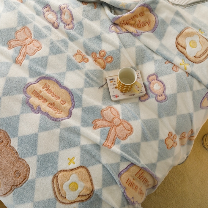 91家纺网 家纺一手货源 找家纺 慕尚2022新款雪花绒毛毯印花牛奶绒盖毯沙发午睡毯子甜蜜小熊