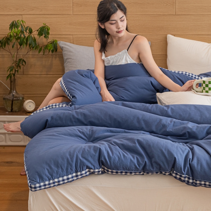 91家纺网 家纺一手货源 找家纺 子由 2022新款无印风棋盘格立体边冬被 棋盘格-牛仔蓝