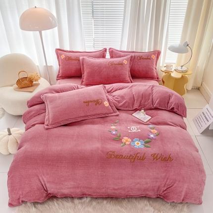 91家纺网 家纺一手货源 找家纺 云锦 肌理纹高克重200克牛奶绒毛巾绣四件套 梦幻花语-豆沙