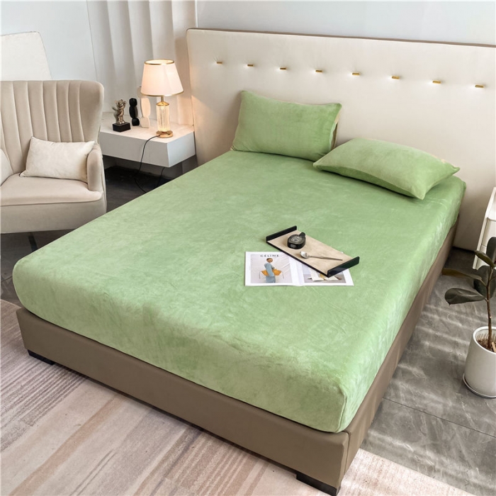 91家纺网 家纺一手货源 找家纺 古吉梦 2022年新款牛奶绒纯色床笠三件套 牛奶绒床笠-果绿