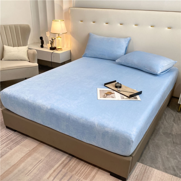 91家纺网 家纺一手货源 找家纺 古吉梦 2022年新款牛奶绒纯色床笠三件套 牛奶绒床笠-天空兰