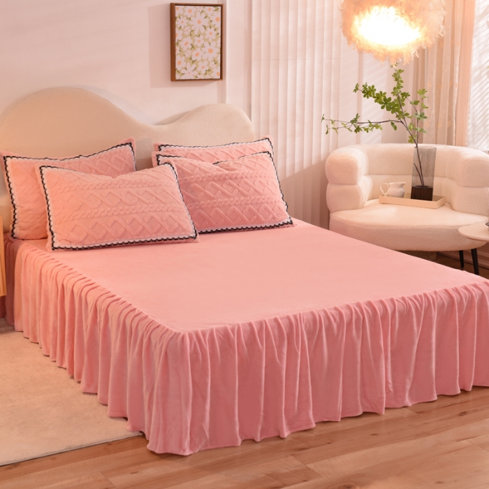 91家纺网 家纺一手货源 找家纺 绒兔兔 2022新款秋冬舒棉绒韩版床裙床单四件套 玫瑰粉