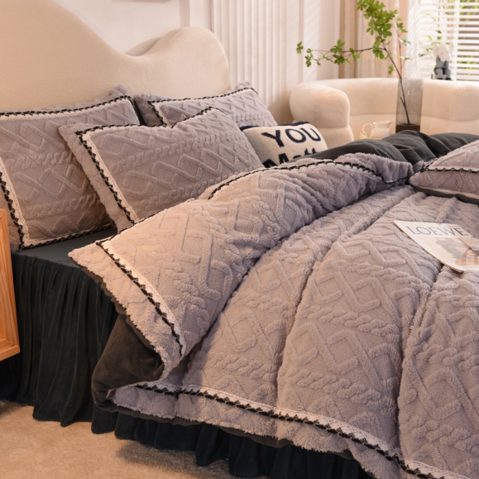 91家纺网 家纺一手货源 找家纺 绒兔兔 2022新款秋冬舒棉绒韩版床裙床单四件套 香芋紫