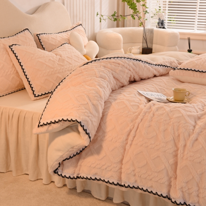 91家纺网 家纺一手货源 找家纺 绒兔兔 2022新款秋冬舒棉绒韩版床裙床单四件套 樱花粉