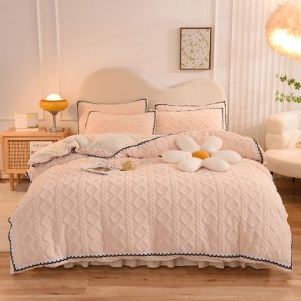 绒兔兔 2022新款秋冬舒棉绒韩版床裙床单四件套 樱花粉