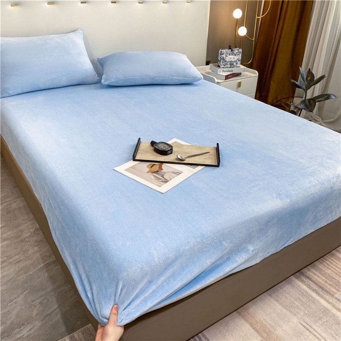 91家纺网 家纺一手货源 找家纺 古吉梦 2022年新款牛奶绒纯色床笠三件套 牛奶绒床笠-天空兰