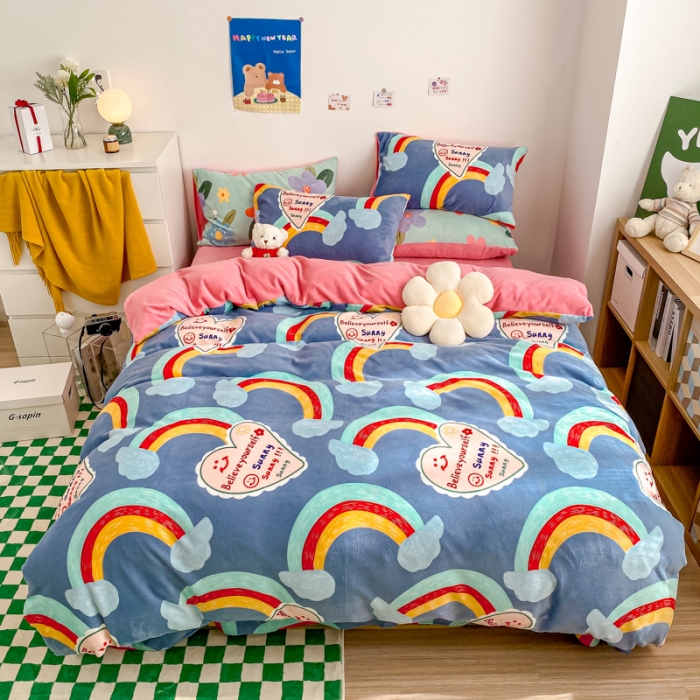 91家纺网 家纺一手货源 找家纺 西引力 2022新加厚印花小清新牛奶绒四件套法莱绒单被套直播 彩虹梦