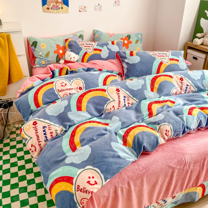 91家纺网 家纺一手货源 找家纺 西引力 2022新加厚印花小清新牛奶绒四件套法莱绒单被套直播 彩虹梦