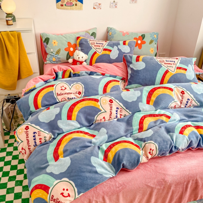 91家纺网 家纺一手货源 找家纺 西引力 2022新加厚印花小清新牛奶绒四件套法莱绒单被套直播 彩虹梦