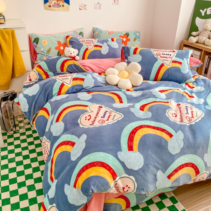 91家纺网 家纺一手货源 找家纺 西引力 2022新加厚印花小清新牛奶绒四件套法莱绒单被套直播 彩虹梦