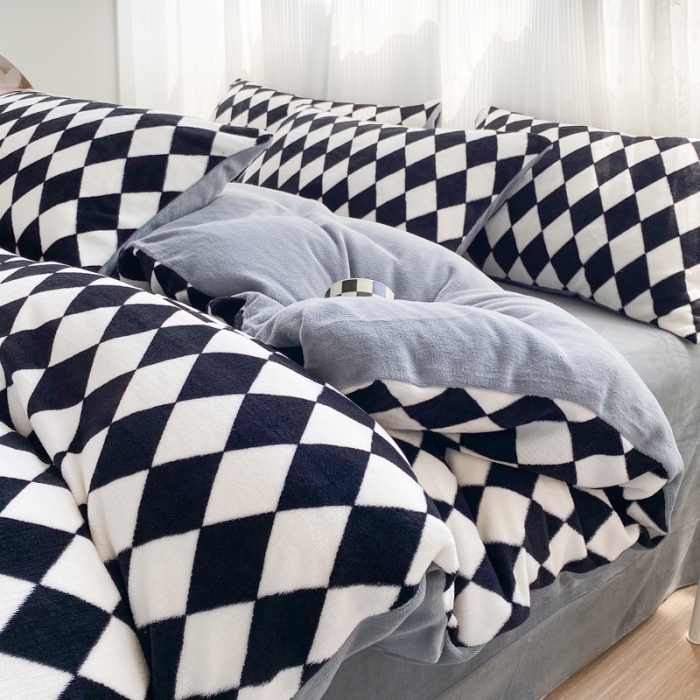 91家纺网 家纺一手货源 找家纺 西引力 2022新加厚印花小清新牛奶绒四件套法莱绒单被套直播 黑糖菱格