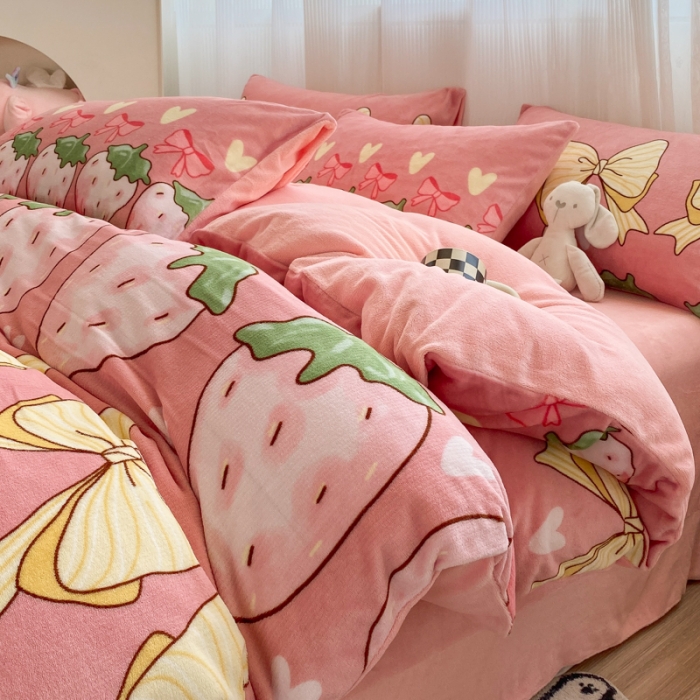 91家纺网 家纺一手货源 找家纺 西引力 2022新加厚印花小清新牛奶绒四件套法莱绒单被套直播 甜蜜蜜