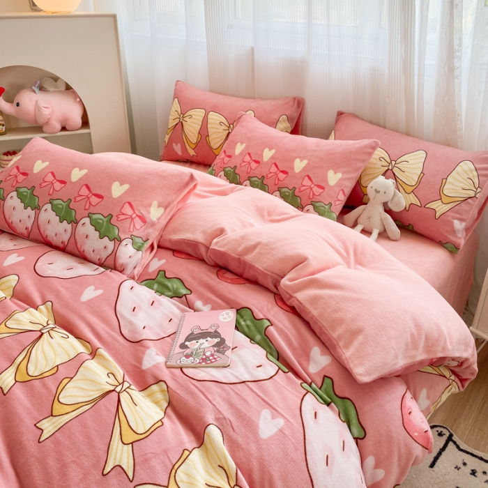 91家纺网 家纺一手货源 找家纺 西引力 2022新加厚印花小清新牛奶绒四件套法莱绒单被套直播 甜蜜蜜