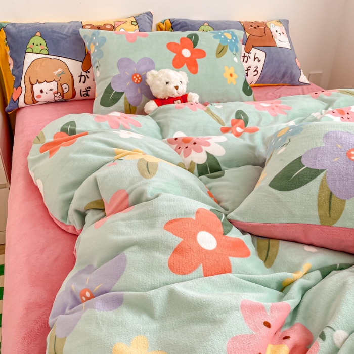 91家纺网 家纺一手货源 找家纺 西引力 2022新加厚印花小清新牛奶绒四件套法莱绒单被套直播 万紫千红