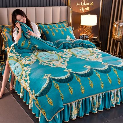 91家纺网 家纺一手货源 找家纺 韩秀2024新款金貂牛奶法莱绒床裙款四件套加厚保暖8.5斤 镜花缘