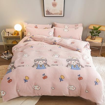 91家纺网 家纺一手货源 找家纺 被多多 2022新款雪花绒印花四件套 樱桃女孩