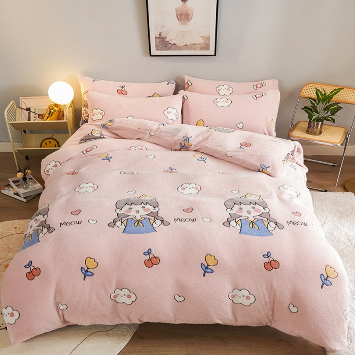 91家纺网 家纺一手货源 找家纺 被多多 2022新款雪花绒印花四件套 樱桃女孩