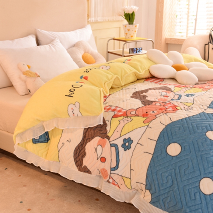 91家纺网 家纺一手货源 找家纺 2025新款牛奶绒印花夹棉花边 单品被套 泡泡公主