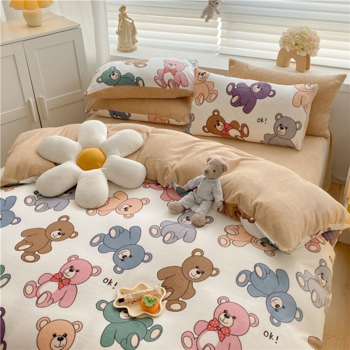 91家纺网 家纺一手货源 找家纺 古吉梦 2022年新款牛奶绒印花四件套 可可熊