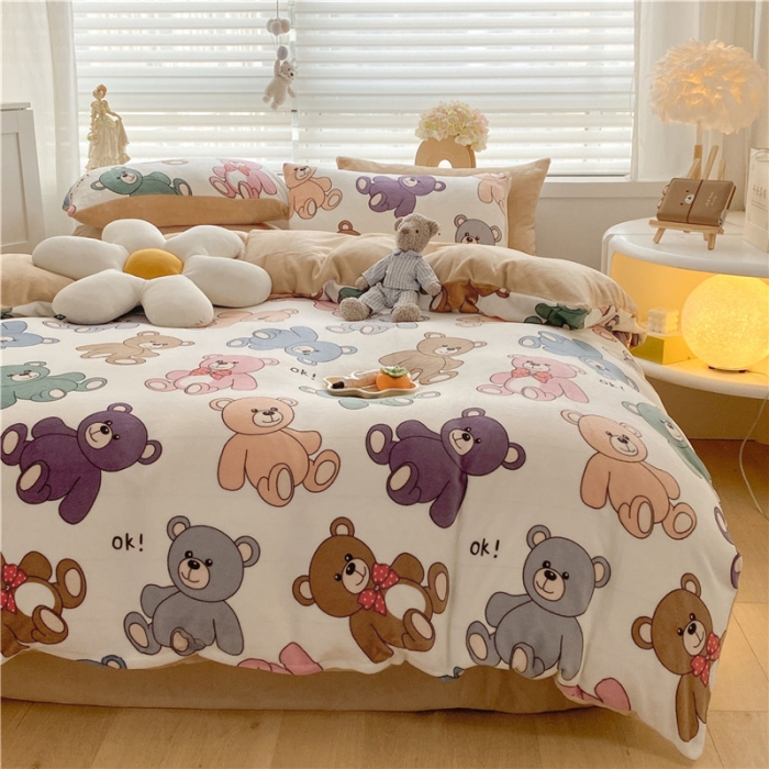 91家纺网 家纺一手货源 找家纺 古吉梦 2022年新款牛奶绒印花四件套 可可熊