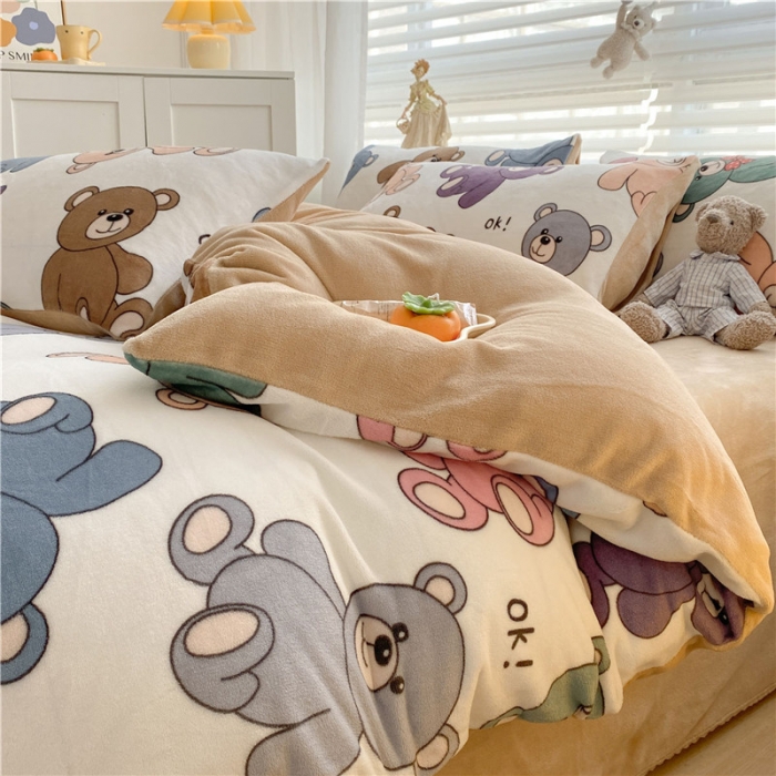 91家纺网 家纺一手货源 找家纺 古吉梦 2022年新款牛奶绒印花四件套 可可熊