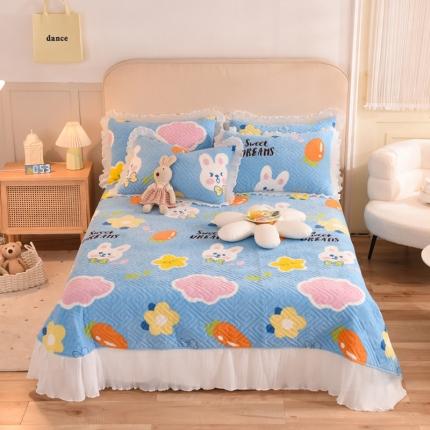 2025新款牛奶绒印花夹棉花边 单品床盖 爱心萌兔