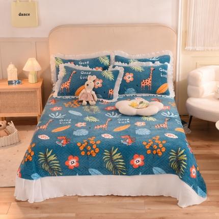 2025新款牛奶绒印花夹棉花边 单品床盖 动物乐园