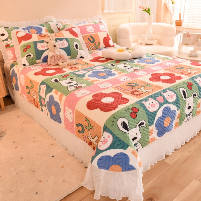 91家纺网 家纺一手货源 找家纺 2025新款牛奶绒印花夹棉花边 单品床盖 萌宠跳跳