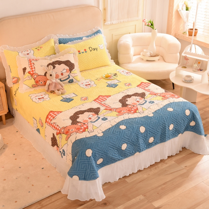 91家纺网 家纺一手货源 找家纺 2025新款牛奶绒印花夹棉花边 单品床盖 泡泡公主