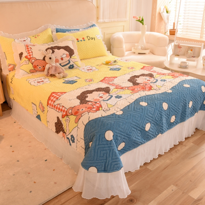 91家纺网 家纺一手货源 找家纺 2025新款牛奶绒印花夹棉花边 单品床盖 泡泡公主