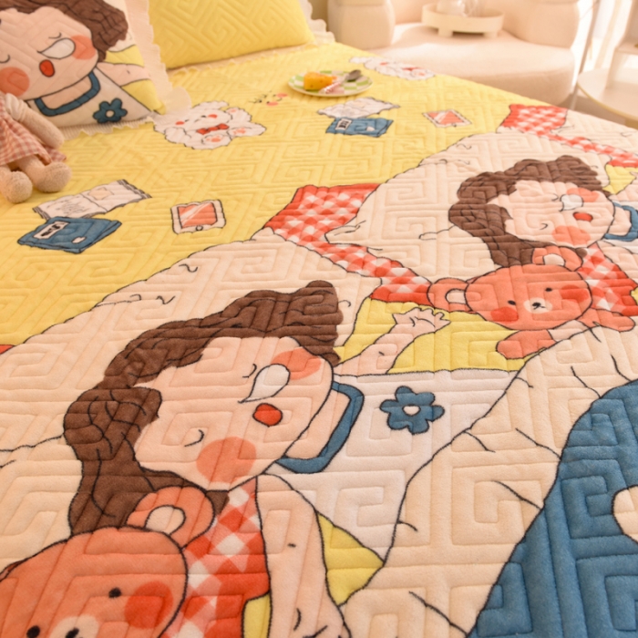 91家纺网 家纺一手货源 找家纺 2025新款牛奶绒印花夹棉花边 单品床盖 泡泡公主