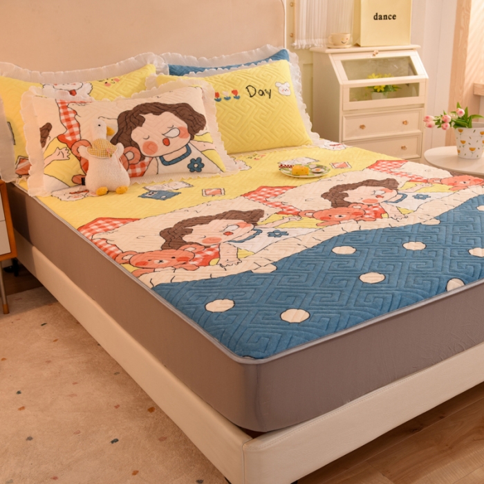 91家纺网 家纺一手货源 找家纺 甜之梦  2025新款牛奶绒印花夹棉花边系列单品床笠 泡泡公主