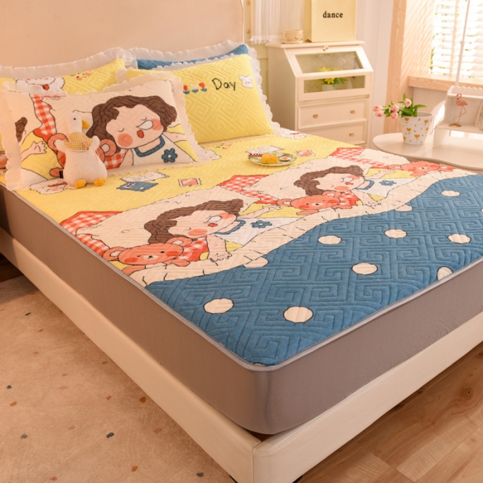 91家纺网 家纺一手货源 找家纺 甜之梦  2025新款牛奶绒印花夹棉花边系列单品床笠 泡泡公主