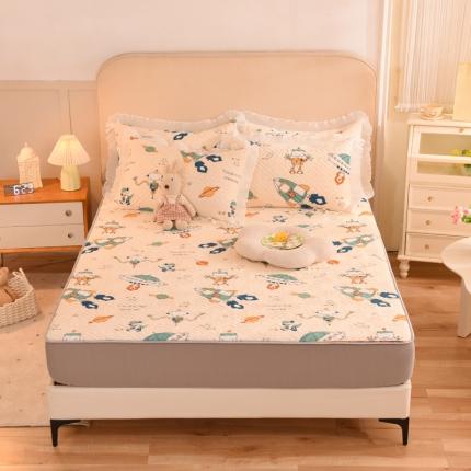 甜之梦  2025新款牛奶绒印花夹棉花边系列单品床笠 太空机器人米白