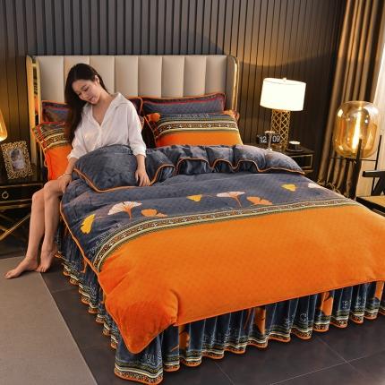 91家纺网 家纺一手货源 找家纺 韩秀2022牛奶金雕绒床裙款四件套8.5斤日产1万套三生有杏