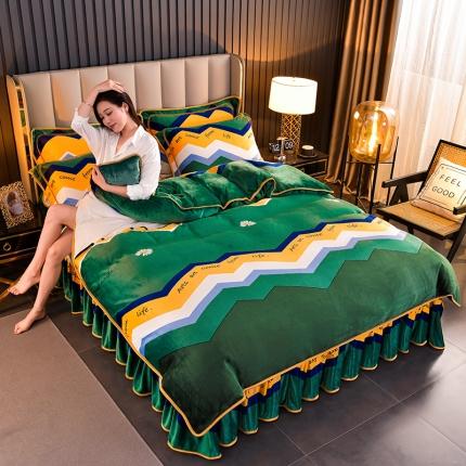 91家纺网 家纺一手货源 找家纺 韩秀2022牛奶金雕绒床裙款四件套8.5斤日产1万套时尚彩条