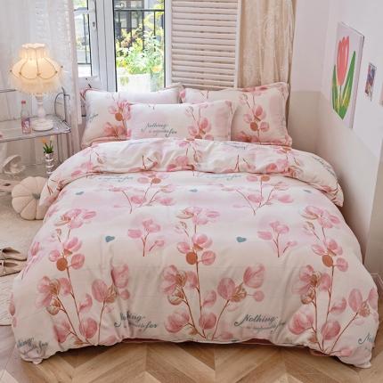 91家纺网 家纺一手货源 找家纺 沐棉 2022新款抗静电高克重加厚小清新印花牛奶绒四件套 粉恋