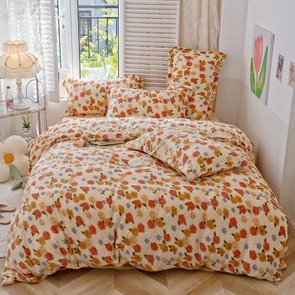 91家纺网 家纺一手货源 找家纺 沐棉 2022新款抗静电高克重加厚小清新印花牛奶绒四件套 梦田