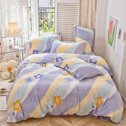 沐棉 2022新款抗静电高克重加厚小清新印花牛奶绒四件套 波浪小花