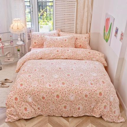 沐棉 2022新款抗静电高克重加厚小清新印花牛奶绒四件套 草莓小兔