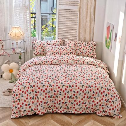 沐棉 2022新款抗静电高克重加厚小清新印花牛奶绒四件套 草莓心情