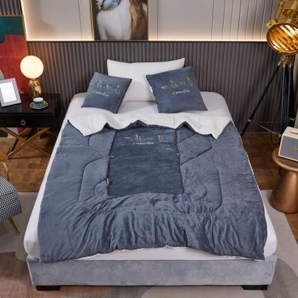 翰轩家居 2022新款水晶绒绣花抱枕被系列-山茶花开 高级灰