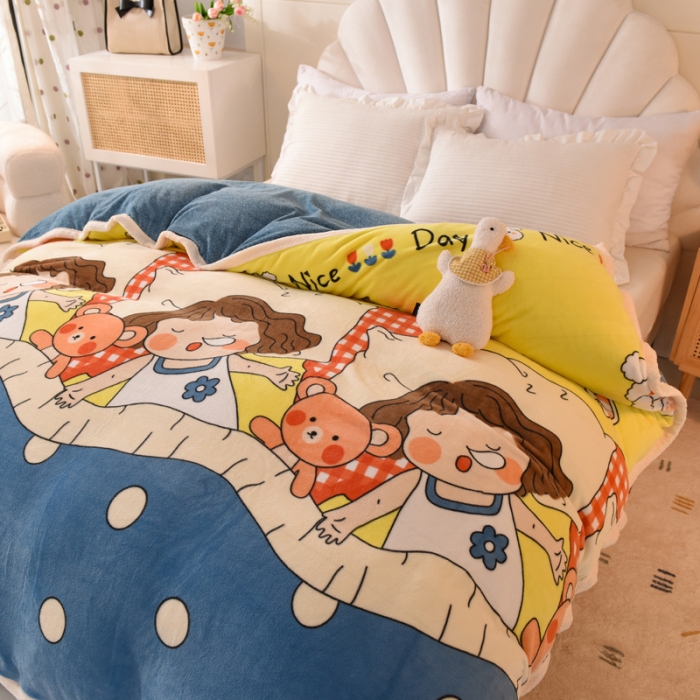 91家纺网 家纺一手货源 找家纺 甜之梦 2025新款多功能泥点绒印花加厚被套毛毯 泡泡公主