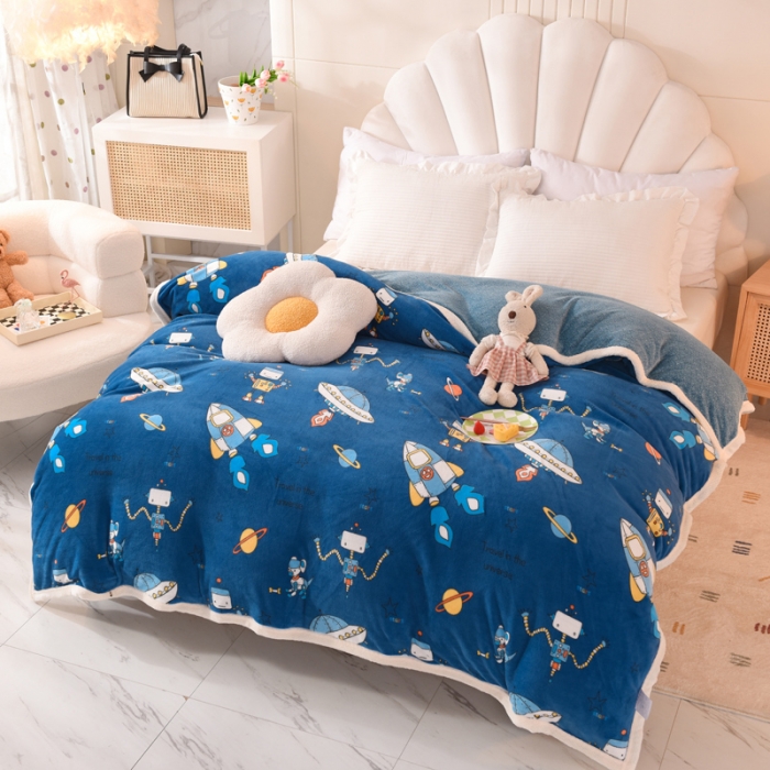 91家纺网 家纺一手货源 找家纺 甜之梦 2025新款多功能泥点绒印花加厚被套毛毯 太空机器人北卡蓝