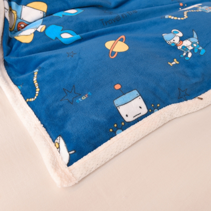 91家纺网 家纺一手货源 找家纺 甜之梦 2025新款多功能泥点绒印花加厚被套毛毯 太空机器人北卡蓝