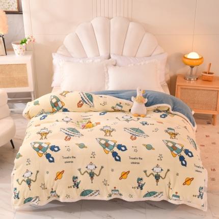 甜之梦 2025新款多功能泥点绒印花加厚被套毛毯 太空机器人米白