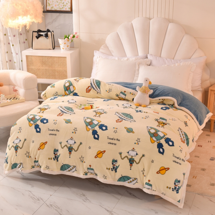 91家纺网 家纺一手货源 找家纺 甜之梦 2025新款多功能泥点绒印花加厚被套毛毯 太空机器人米白